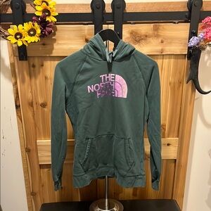 The North Face Forest Green Hoodie with Purple Logo